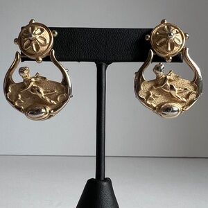 Gold Tone Door Knocker Cherub Pierced Earrings